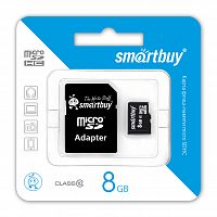 Карта micro SDHC карта памяти Smartbuy 8GB Сlass 10 (с адаптером SD)