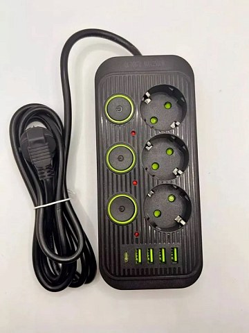 Многофункциональный сетевой фильтр QL-1087U 3 розетки + 4USB порт + Type-C 3000mm